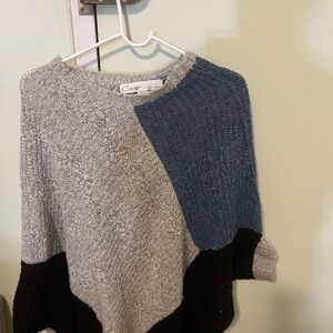 Cozy Colorblock Crew Neck Sweater - Blue, Gray, Black. Poncho style